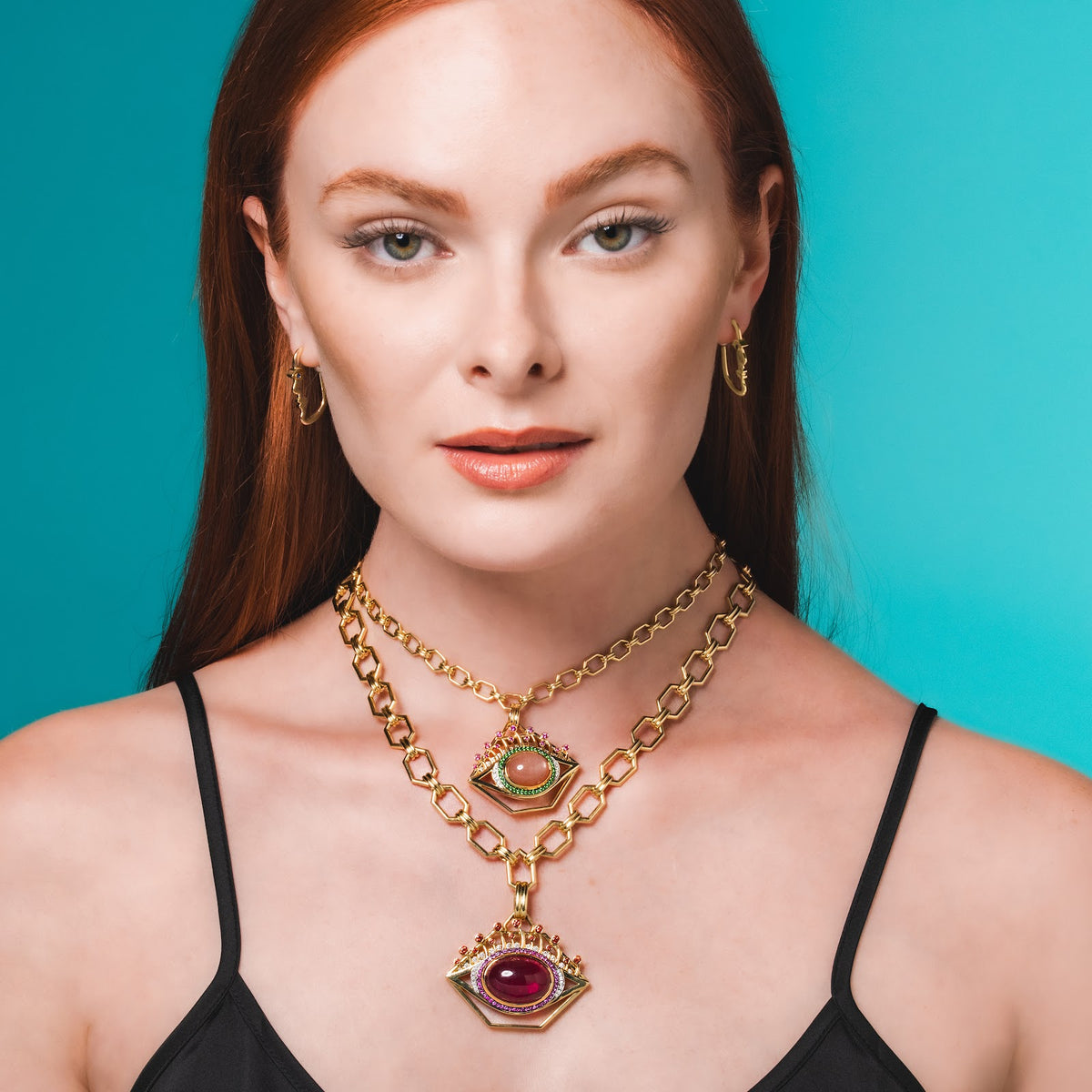 Large Pink Tourmaline Eye Pendant on model