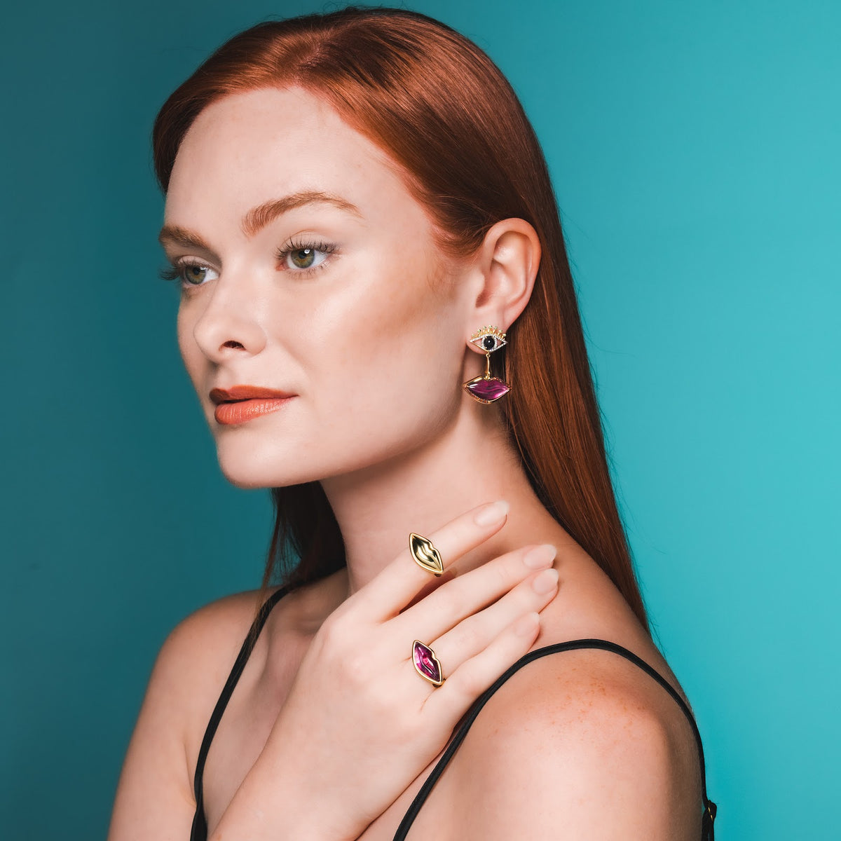 Eye, Nose, Lips Drop Earrings on model