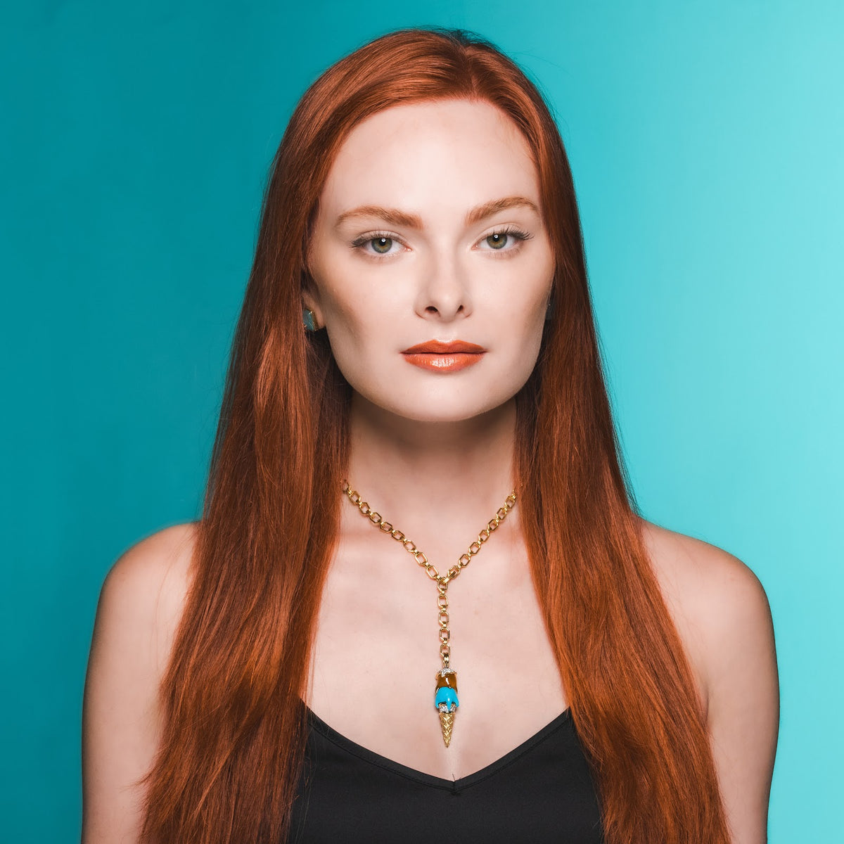 Chalcedony + Turquoise Cone Pendant on model