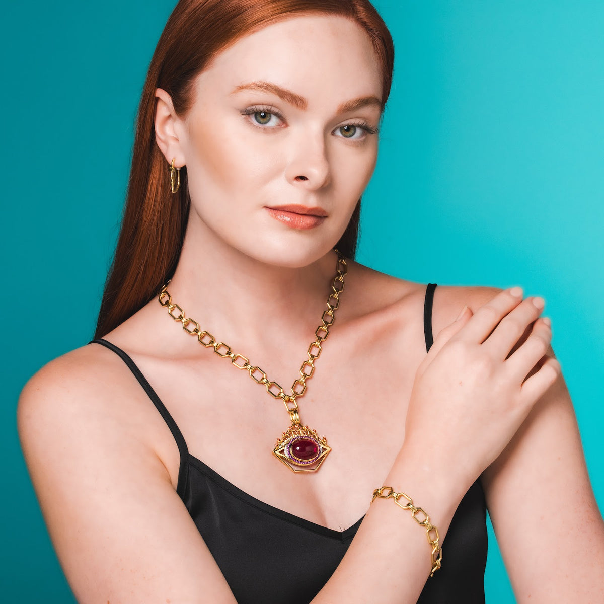 Large Pink Tourmaline Eye Pendant on model