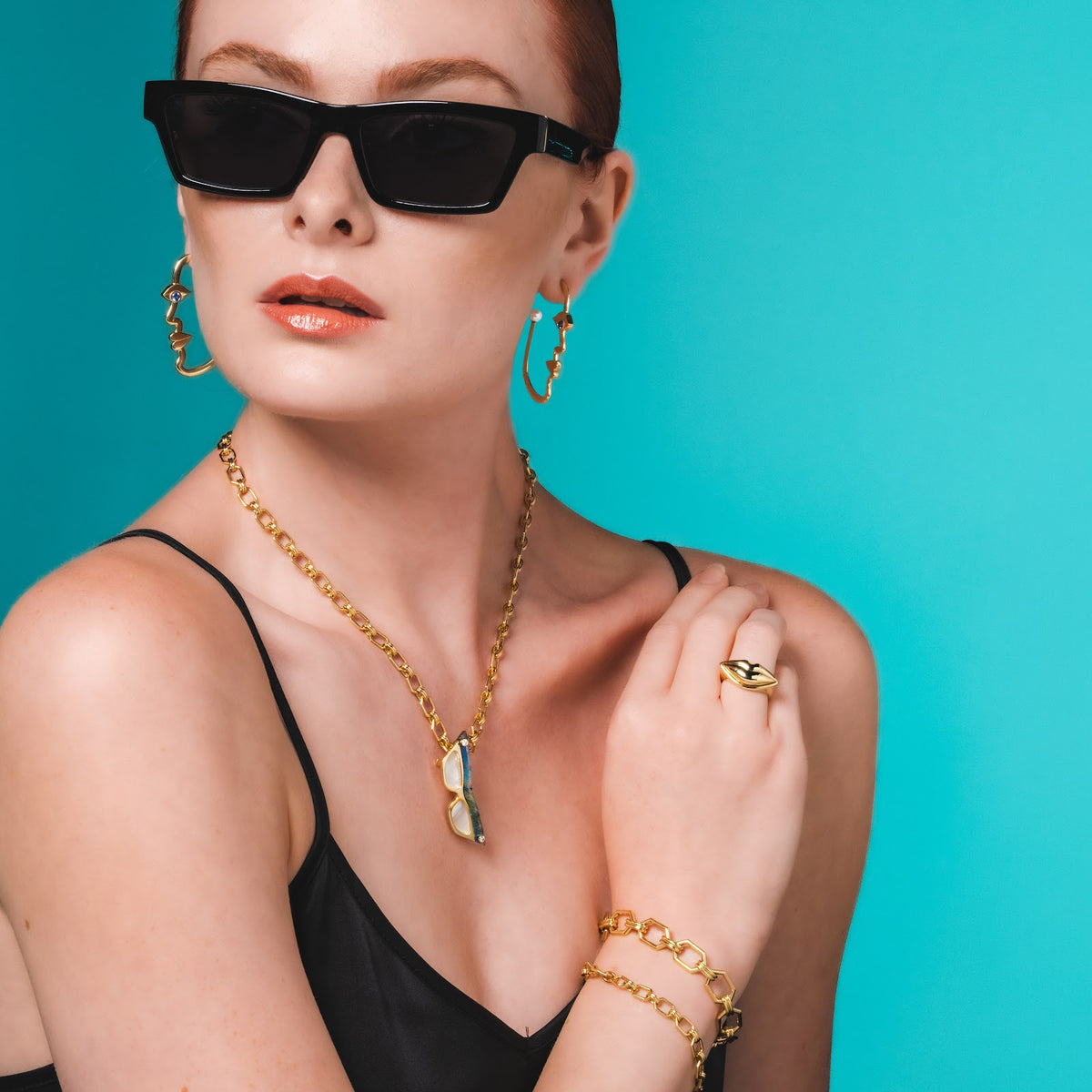 Elongated Hexagon link bracelet on model
