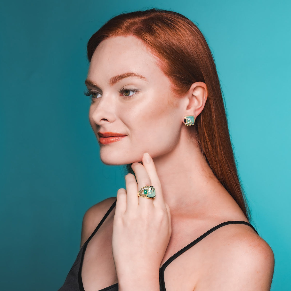 Side Eye Button Earrings on model