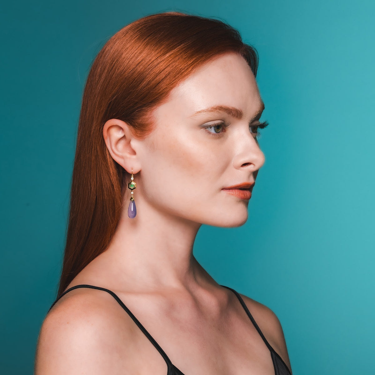 Purple Chalcedony Drop Earrings on model