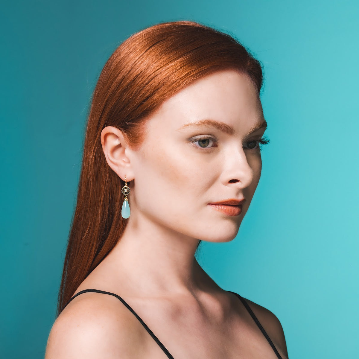Green Chalcedony Drop Earrings on model