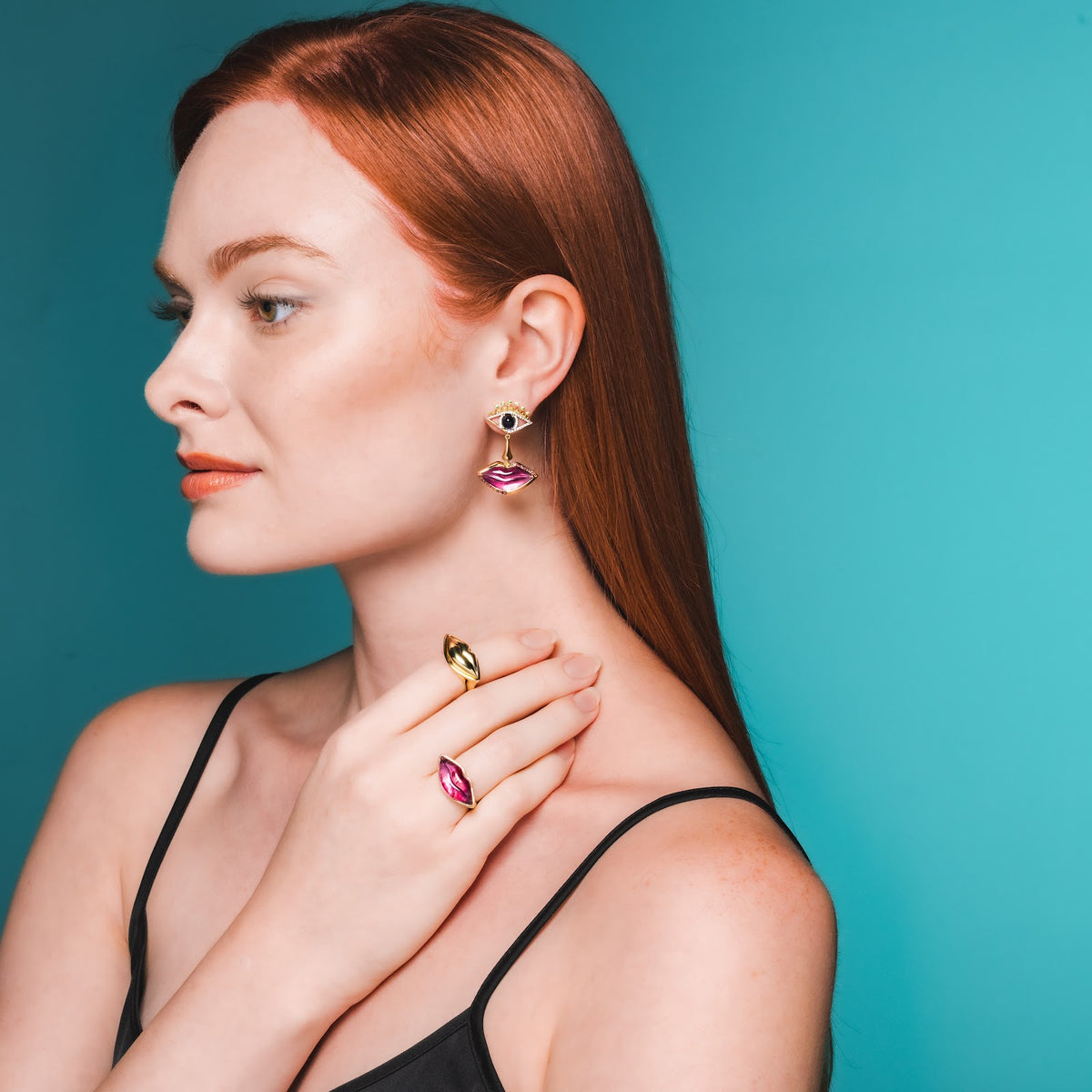 Eye, Nose, Lips Drop Earrings on model