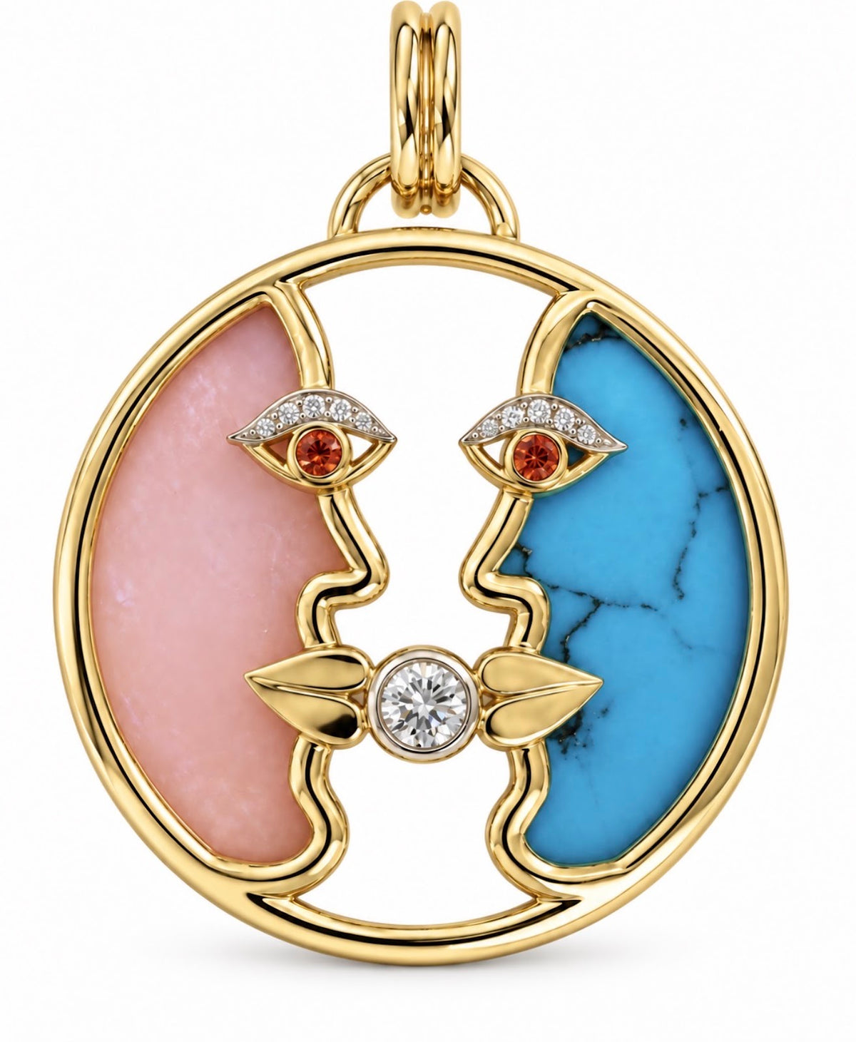 Two-Faced Kissing Pendant with Pink Opal and Turquoise